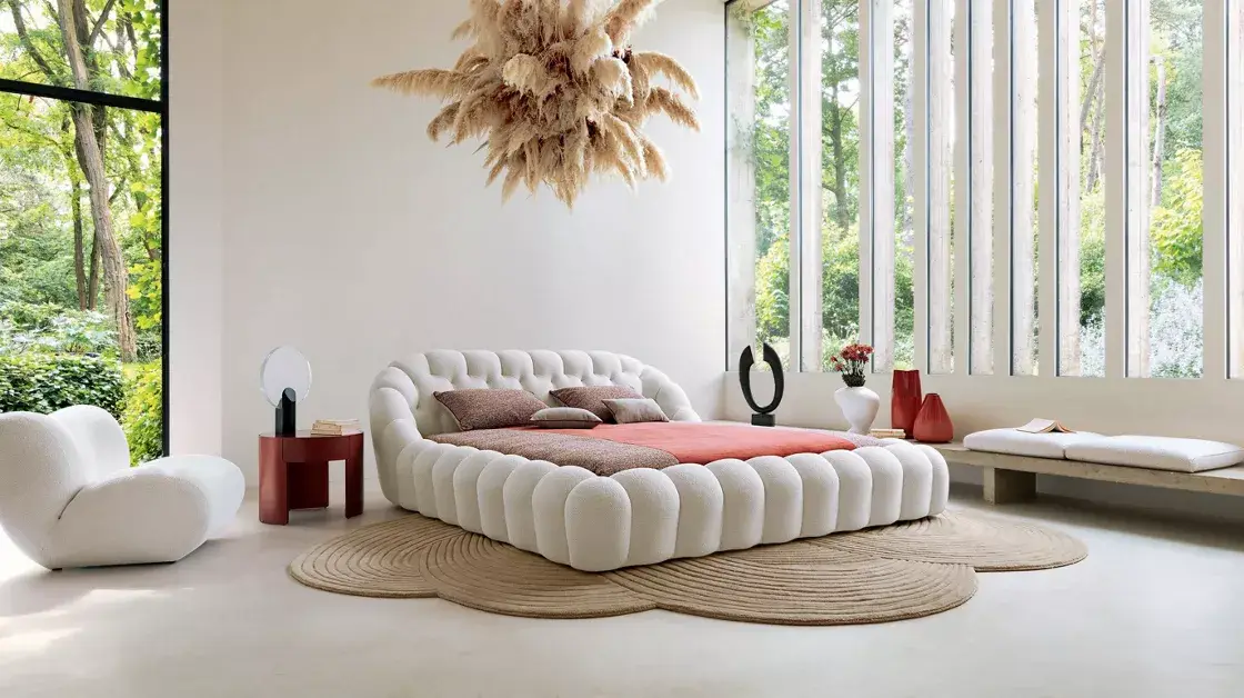 Lit  en Tissu Bouclé  avec Tête de  Capitonnée Premium