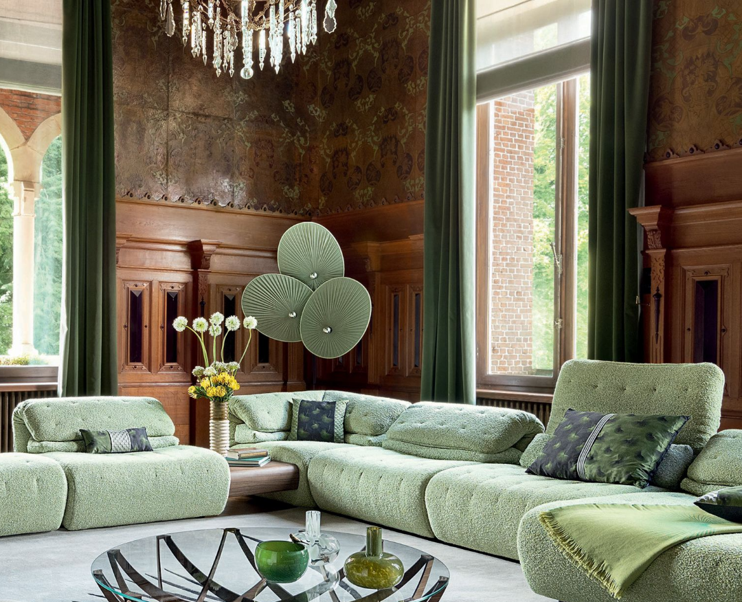 10' Canapé d’angle modulable en tissu bouclé vert sauge – Luxe contemporain et confort enveloppant