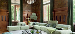 Canapé d’angle modulable en tissu bouclé vert sauge – Luxe contemporain et confort enveloppant