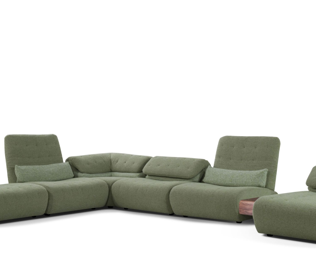 10''' Canapé d’angle modulable en tissu bouclé vert sauge – Luxe contemporain et confort enveloppant