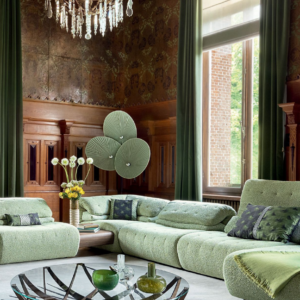 Canapé d’angle modulable en tissu bouclé vert sauge – Luxe contemporain et confort enveloppant