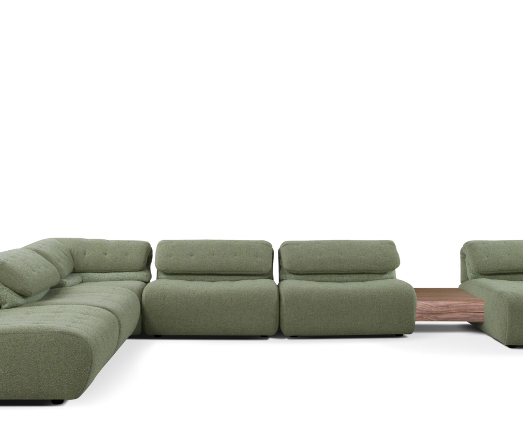 10'''''' Canapé d’angle modulable en tissu bouclé vert sauge – Luxe contemporain et confort enveloppant