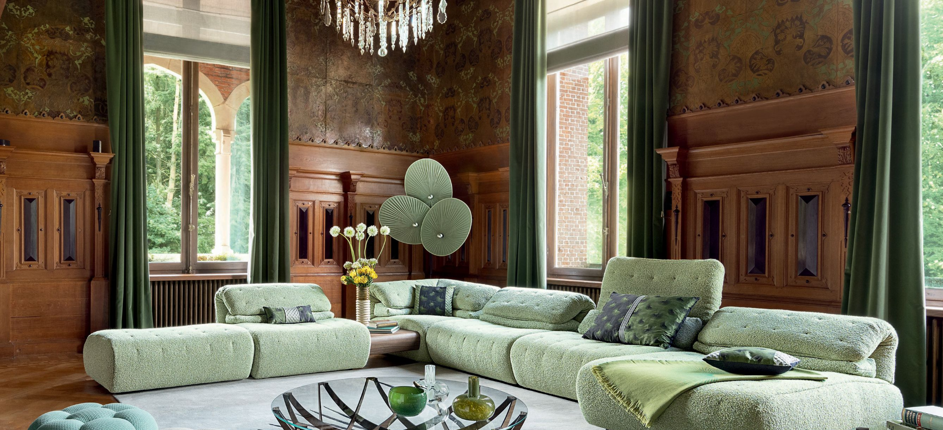10' Canapé d’angle modulable en tissu bouclé vert sauge – Luxe contemporain et confort enveloppant