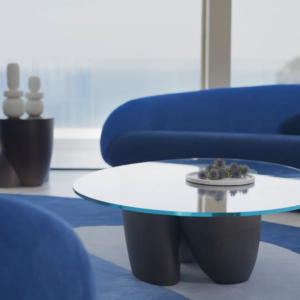 Canapé design incurvé en velours bleu royal – Élégance sculpturale et confort d’exception