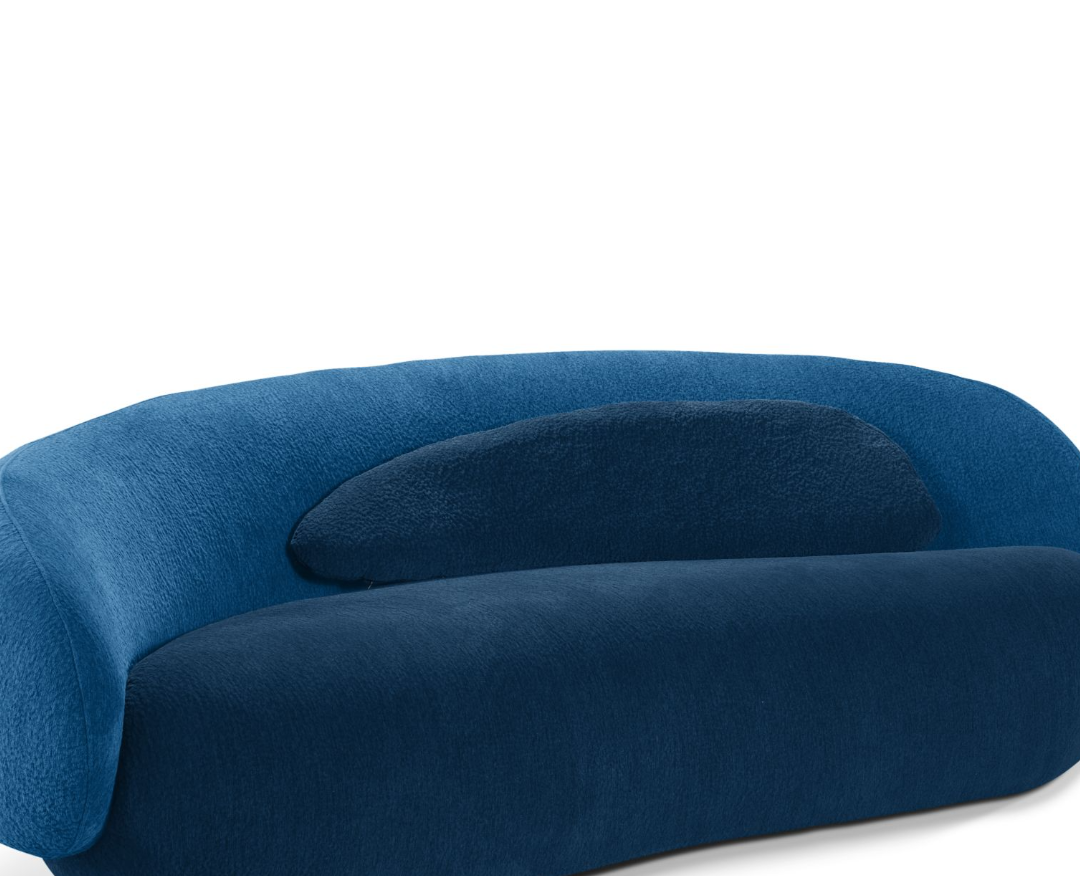 Canapé design incurvé en velours bleu royal – Élégance sculpturale et confort d’exception