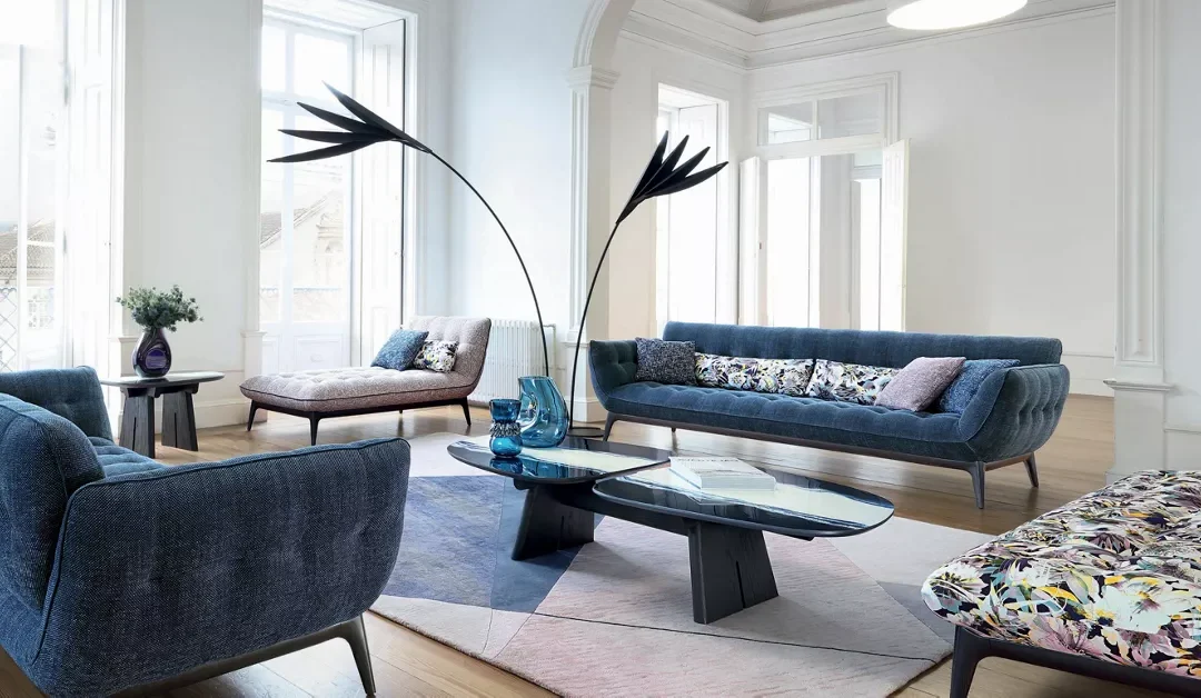 Canapé de luxe en velours bleu – Élégance contemporaine et confort raffiné