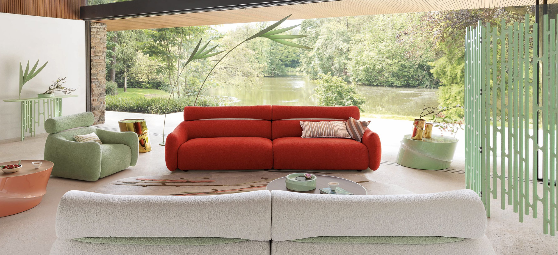 8'''' Canapé contemporain en tissu bouclé blanc – Design organique et confort haut de gamme